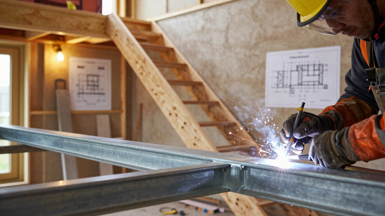 Steel beams and custom staircase installation during loft renovation
