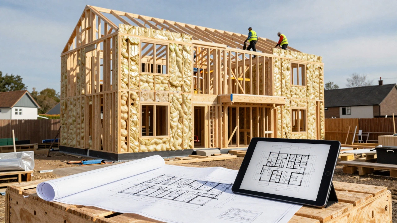 Timber frame of a new house under construction with blueprints nearby.