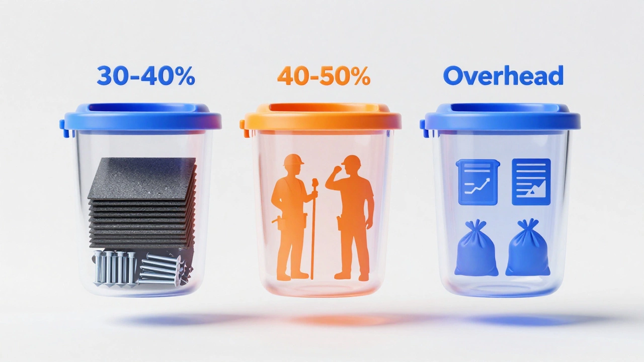 Visual breakdown of roofing costs: materials, labor, overhead