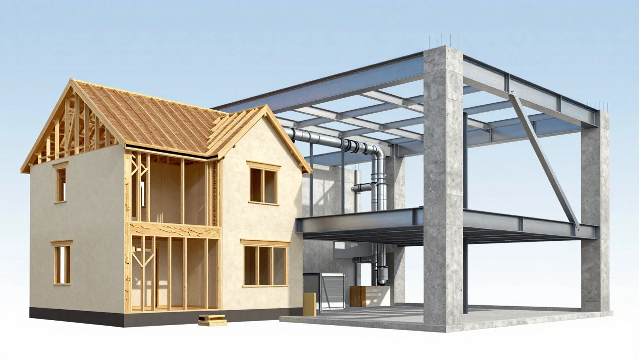 Comparison of wooden residential framing vs steel commercial construction