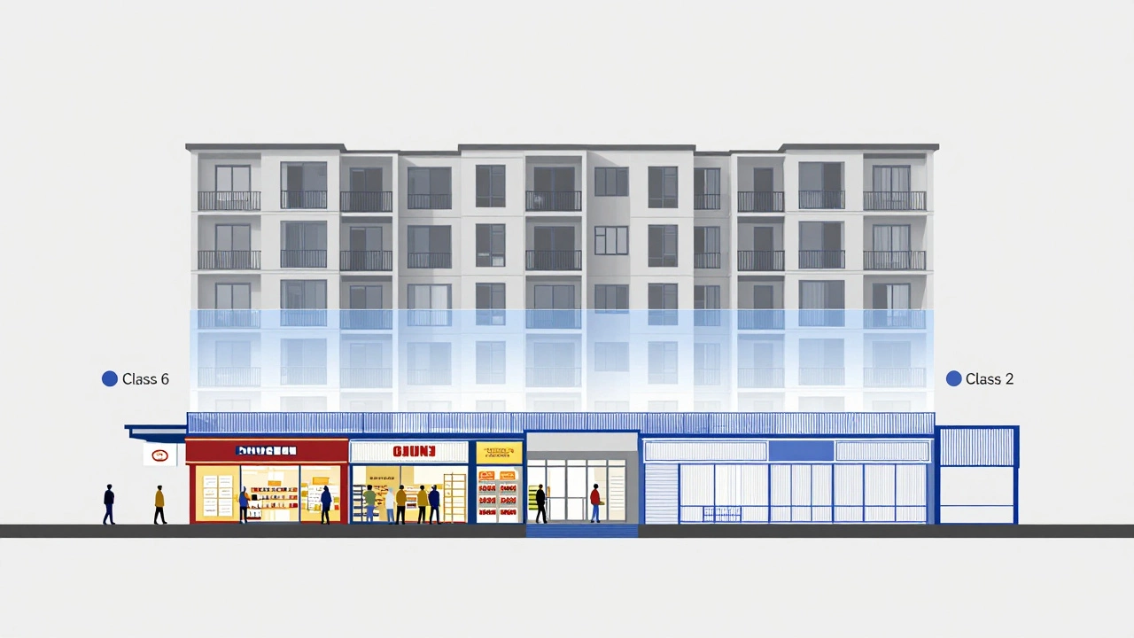 Cross-section of a mixed-use building with shops below and apartments above