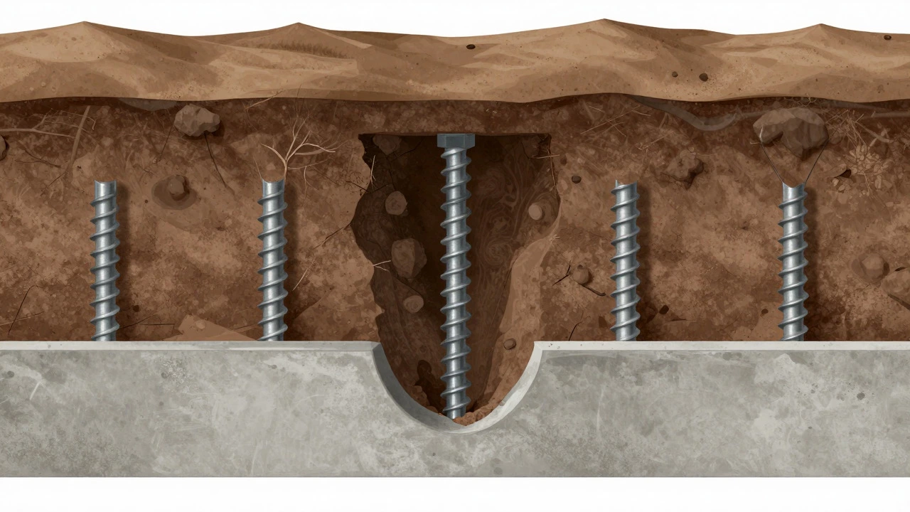 Cross-section of steel piers stabilizing a house foundation