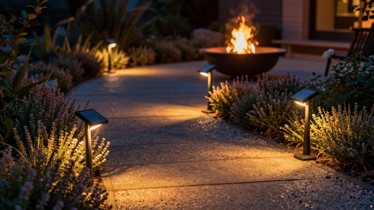 Garden path lit by solar lights at golden hour