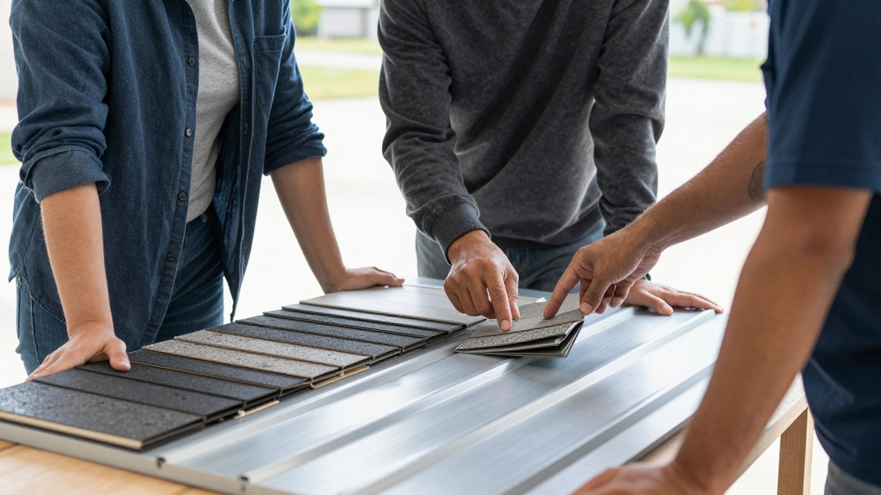 Homeowner and contractor discussing roofing material samples together