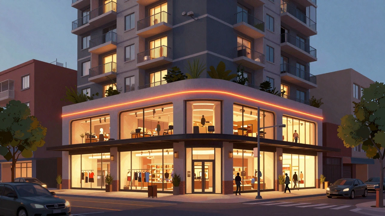 Mixed-use building with retail on ground floor and apartments above