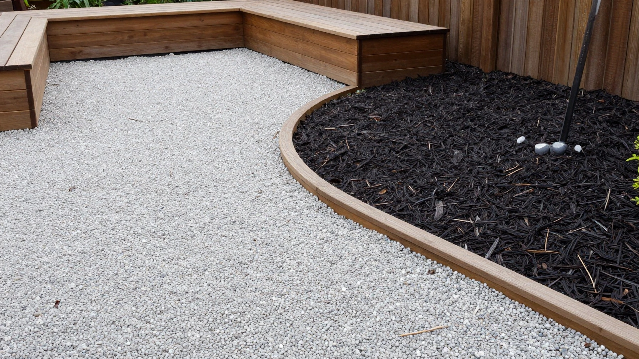 Modern backyard patio with gravel paths and mulch borders