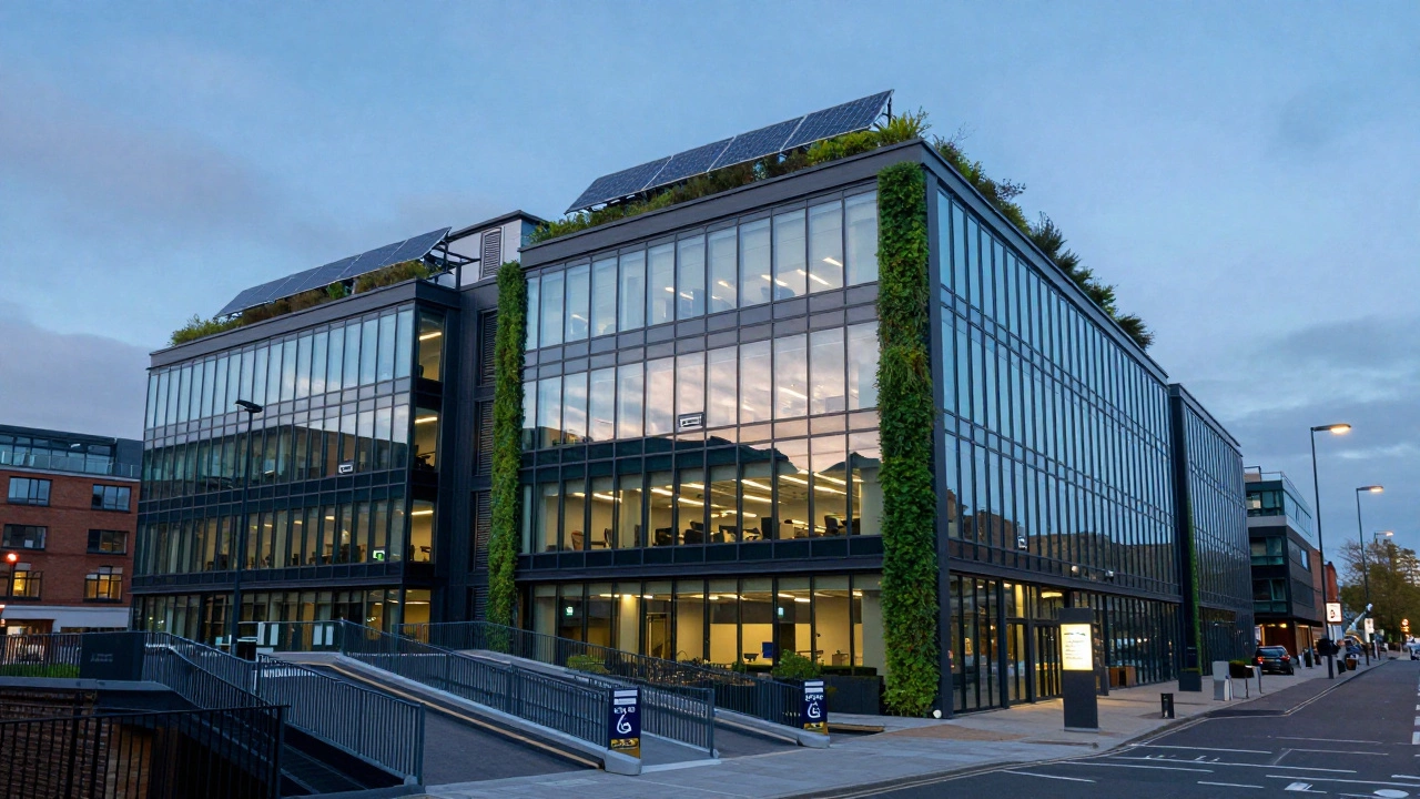 Modern sustainable office tower with green features at dusk