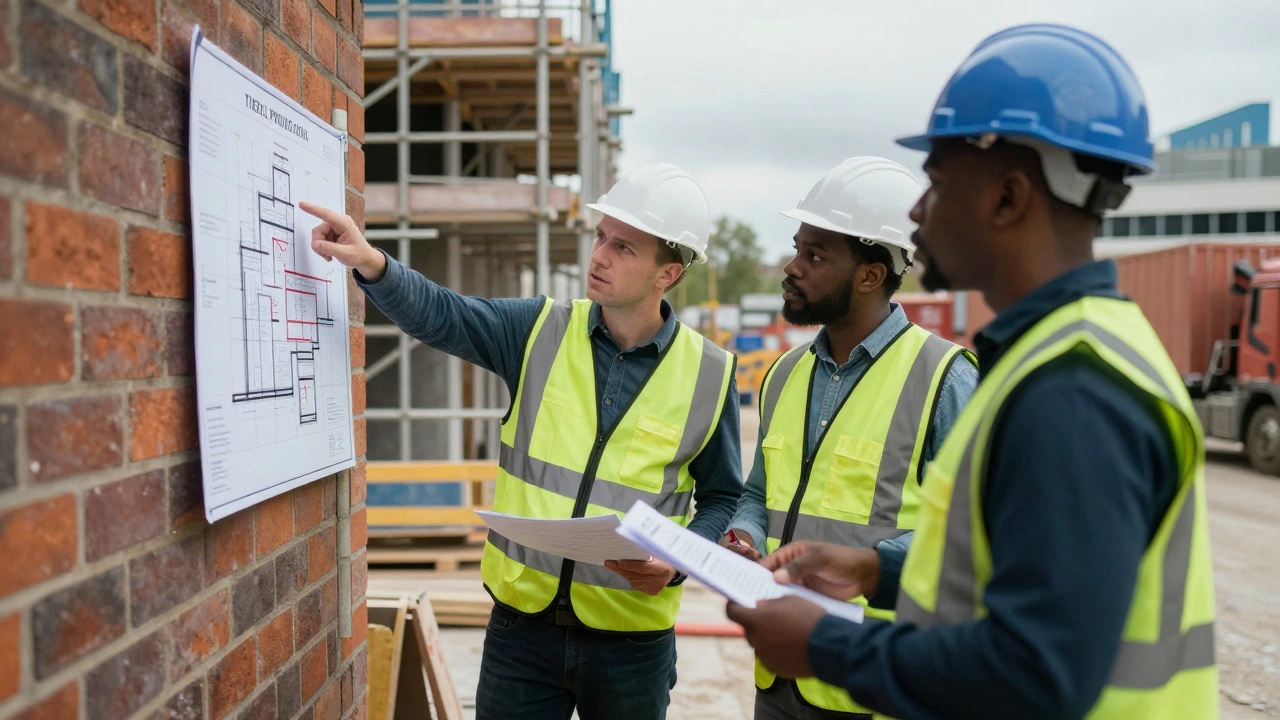 Project manager coordinating with subcontractors on a building site