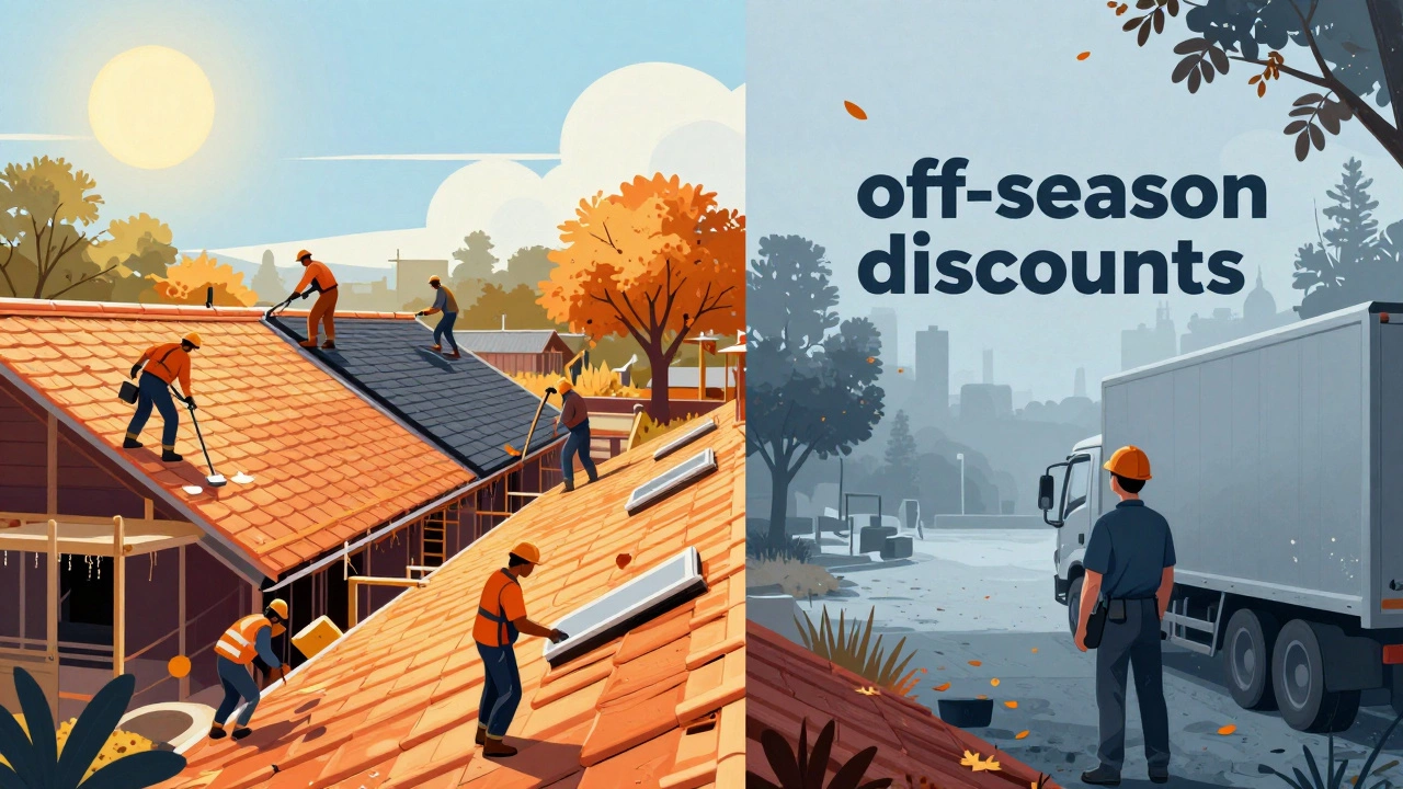 Split scene contrasting busy summer roofing jobs with quiet autumn season