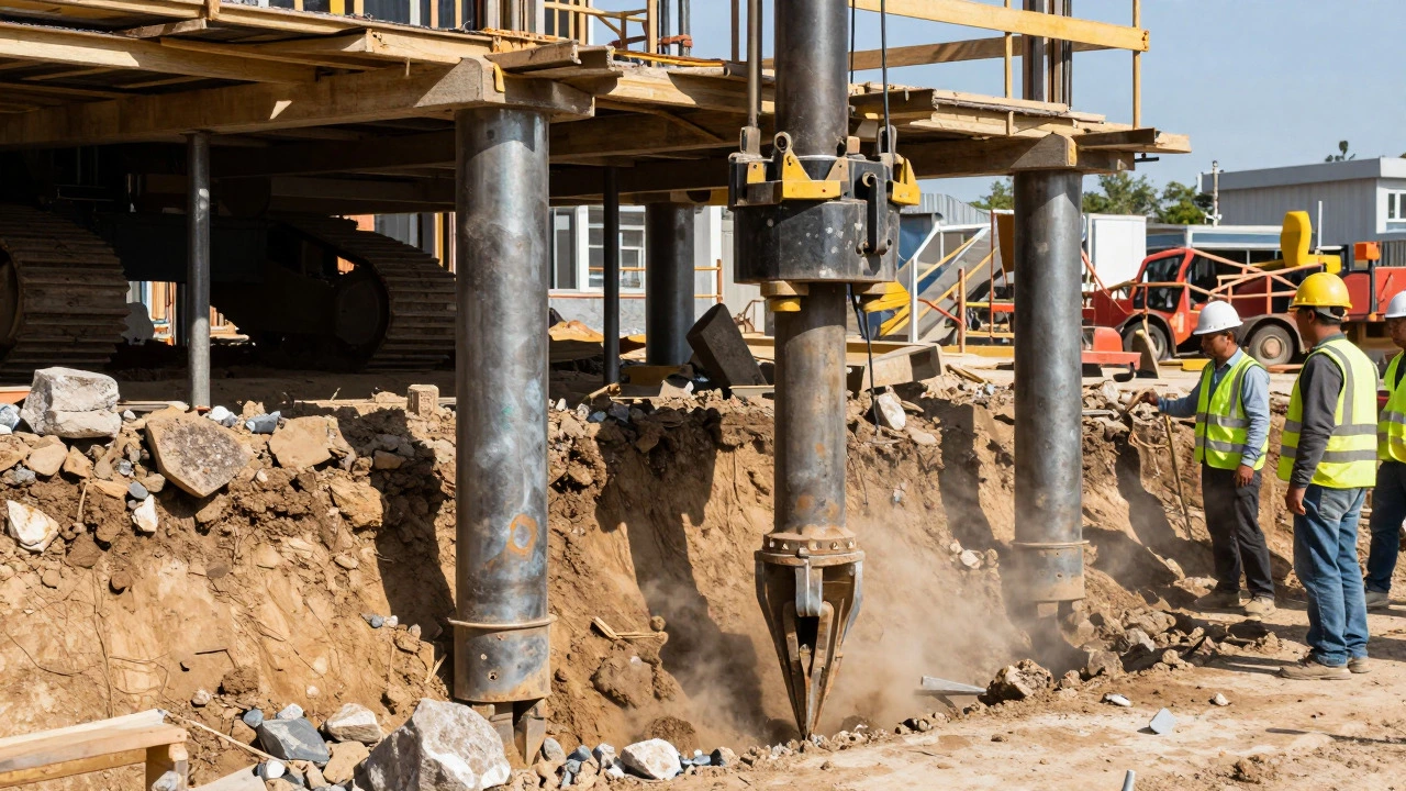 Steel push piers being installed under a house foundation by contractors.